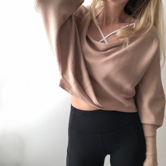 Off Shoulder Sand Ribbed Knit Pullover - Picture 6 of 8